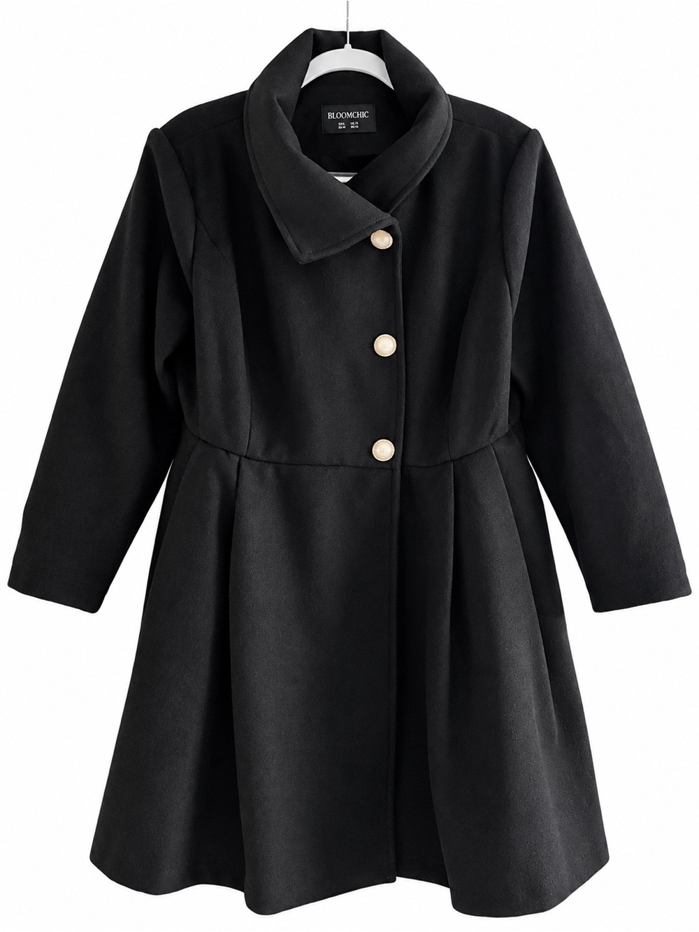 BloomChic Size 12 Black Fit-and-Flare Trench Coat with Pearl Buttons